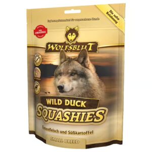 Wolfsblut Squashies Wild Duck Small Breed 350 g zijn zachte monoproteïne hondensnacks met eend, speciaal voor kleine honden.