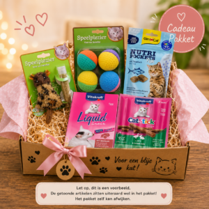 Cadeau Pakket kat small met speelgoed en heerlijke snacks. Een feestelijk cadeau voor katten en kittens.