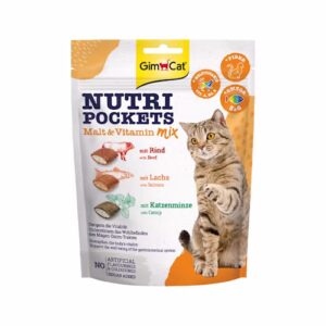 GimCat Nutri Pockets Malt & Vitamin Mix 150 gram zijn knapperige kattensnacks met mout en vitamines voor dagelijks genieten.