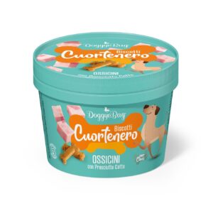 DoggyeBag Cuortenero Ossicini 150 gr zijn Italiaanse hondenkoekjes met gekookte ham, een zachte vulling en Low-Grain-receptuur.
