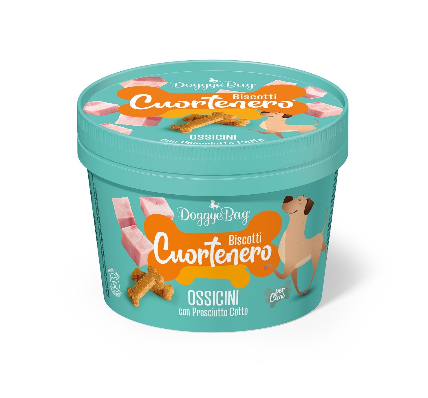 DoggyeBag Cuortenero Ossicini 150 gr zijn Italiaanse hondenkoekjes met gekookte ham, een zachte vulling en Low-Grain-receptuur.