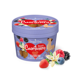 DoggyeBag Cuortenero Cuoricini 150 gr zijn hartvormige, gevulde hondenkoekjes met de verrassende smaak van bessen en vanille.