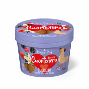 DoggyeBag Cuortenero Cuoricini 150 gr zijn hartvormige, gevulde hondenkoekjes met de verrassende smaak van bessen en vanille.