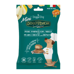 DoggyeBag DoggyeBreak Mini Kaas is een graanvrije, vegetarische hondensnack met zachte vulling van peer, Grana Padano en honing.