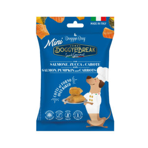 NLDGBSZC60 Doggyebreak Mini Zalm pompoen en wortel DoggyeBag DoggyeBreak Mini Zalm is een graanvrije gourmet hondensnack met zalm en een heerlijk zachte vulling.