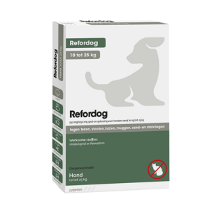 Refordog Spot-On Hond beschermt tegen vlooien, teken, luizen, zandvliegen, muggen en stalvliegen. Verpakking met 3 pipetten.