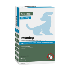 Refordog Spot-On Hond beschermt tegen vlooien, teken, luizen, zandvliegen, muggen en stalvliegen. Verpakking met 3 pipetten.