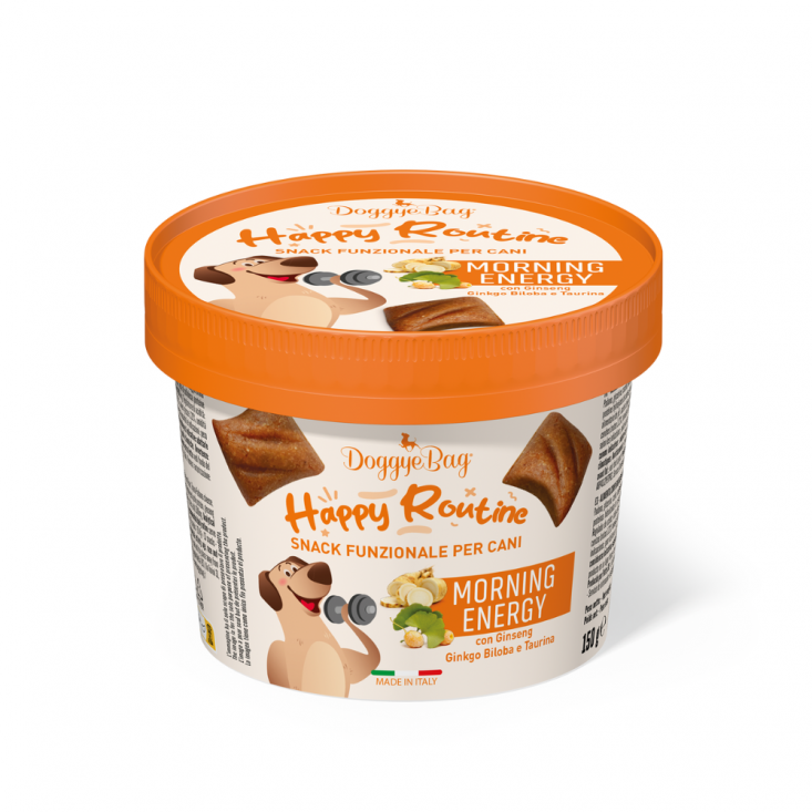 happy routine morning energy con ginseng ginkgo biloba e taurina DoggyeBag Happy Routine Morning Energy Fagottini 150 gr met ginseng, Ginkgo biloba en taurine voor actieve momenten.