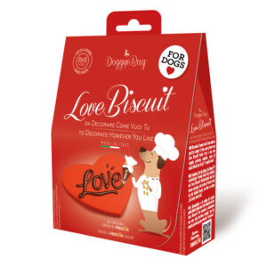 DoggyeBag Love Biscuit 85 gr is een hartvormig hondenkoekje met cacaovrije Freecoa Cream om zelf te versieren.