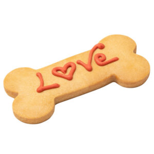 DoggyeBag Love Bone 60 gr is een handgemaakte botvormige hondenkoek van zanddeeg, feestelijk afgewerkt met yoghurtglazuur.