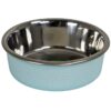 eetbak RVS sneeuwpatroon Turquoise met antisliprand. Een stijlvolle en praktische voer- of waterbak voor honden en katten.