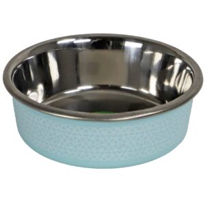 eetbak RVS sneeuwpatroon Turquoise met antisliprand. Een stijlvolle en praktische voer- of waterbak voor honden en katten.