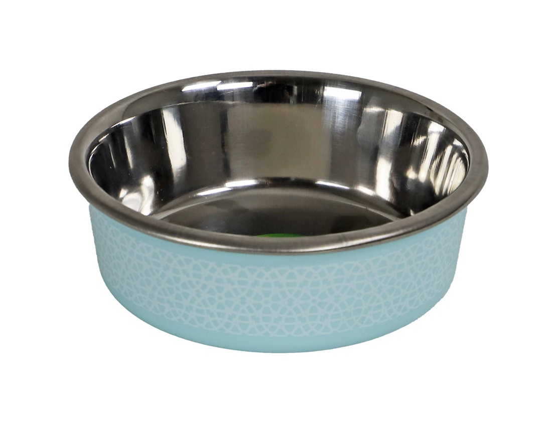 0207800 eetbak RVS sneeuwpatroon Turquoise met antisliprand. Een stijlvolle en praktische voer- of waterbak voor honden en katten.