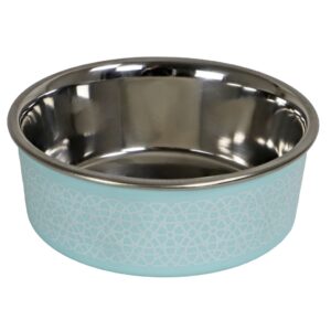 eetbak RVS sneeuwpatroon Turquoise met antisliprand. Een stijlvolle en praktische voer- of waterbak voor honden en katten.