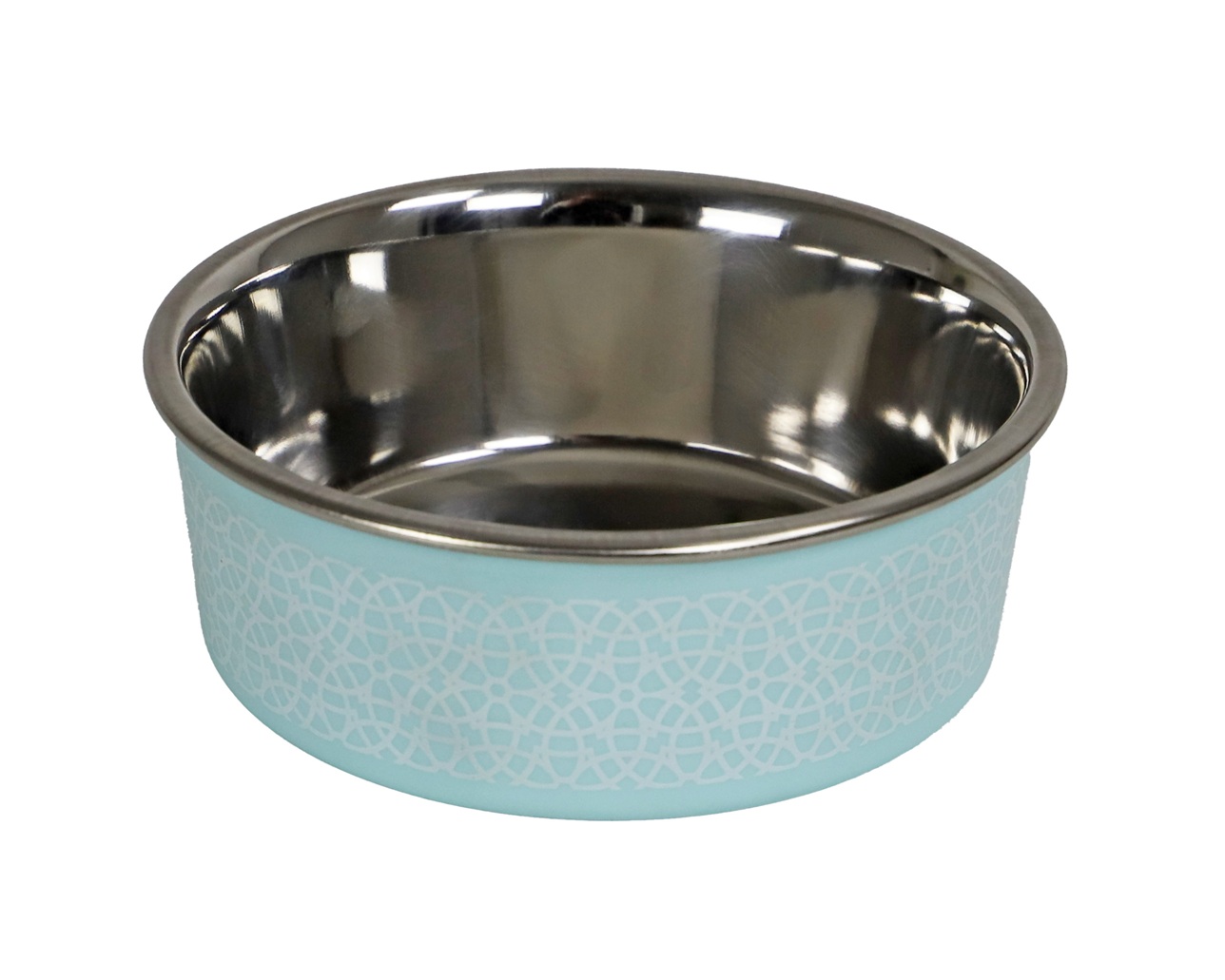0207801 eetbak RVS sneeuwpatroon Turquoise met antisliprand. Een stijlvolle en praktische voer- of waterbak voor honden en katten.