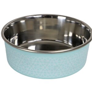 0207802 eetbak RVS sneeuwpatroon Turquoise met antisliprand. Een stijlvolle en praktische voer- of waterbak voor honden en katten.