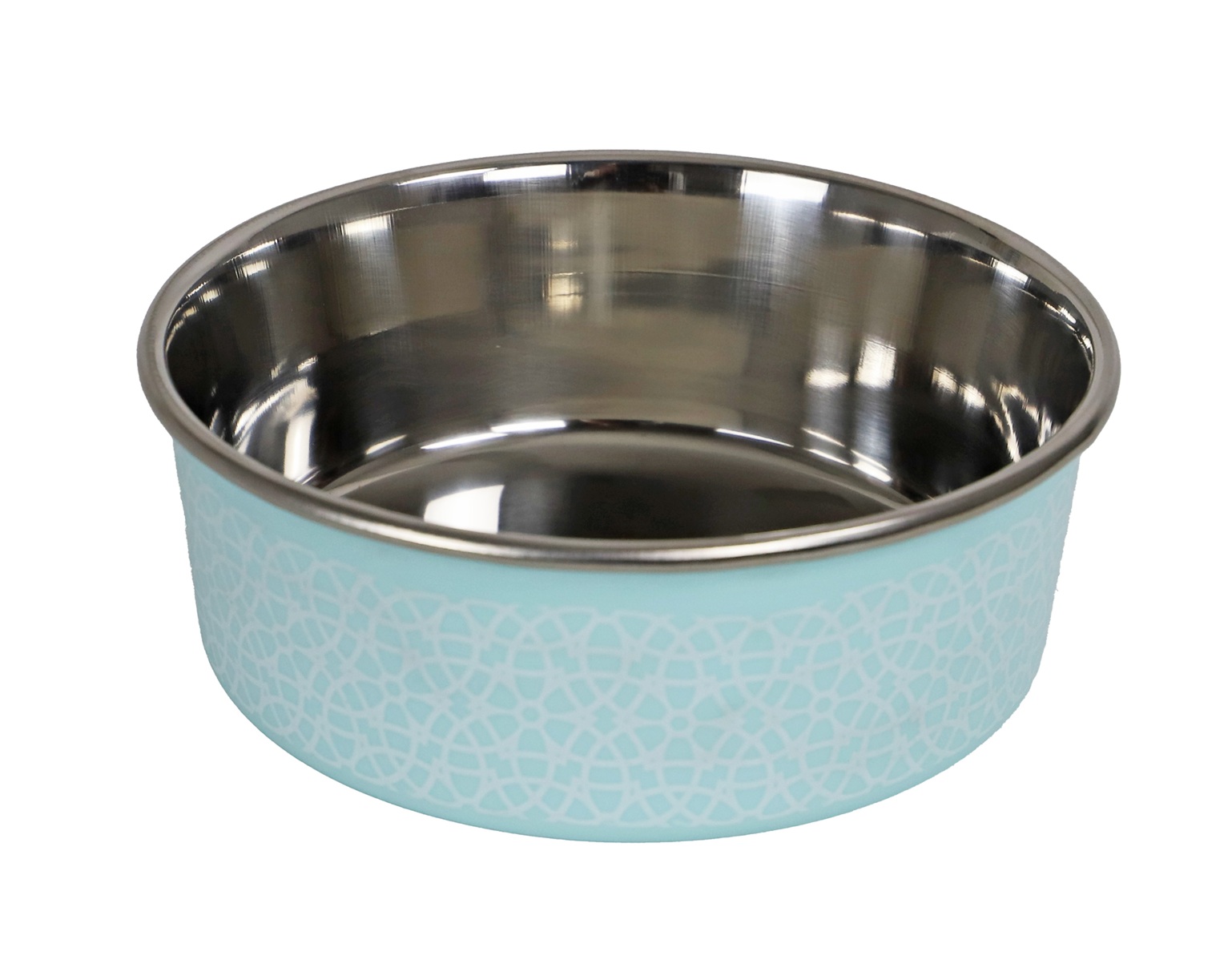 0207802 eetbak RVS sneeuwpatroon Turquoise met antisliprand. Een stijlvolle en praktische voer- of waterbak voor honden en katten.