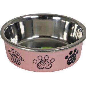 Eetbak RVS Pawprint Roze 11 cm / 290 ml met antisliprand. Een stevige en praktische voer- of waterbak voor katten en kleine honden.