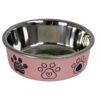 0207805 a Eetbak RVS Pawprint Roze 11 cm / 290 ml met antisliprand. Een stevige en praktische voer- of waterbak voor katten en kleine honden.