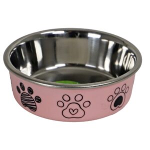 Eetbak RVS Pawprint Roze 11 cm / 290 ml met antisliprand. Een stevige en praktische voer- of waterbak voor katten en kleine honden.