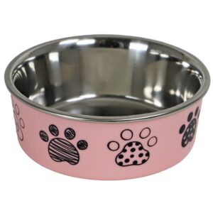 RVS Eetbak Pawprint Roze met antisliprand. Een stevige en praktische voer- of waterbak voor katten en kleine honden.