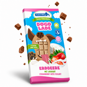 Cold & Dog Dogolade Strawberry 100 gram is heerlijke hondenchocolade met aardbei en yoghurt. Zonder cacao, glutenvrij en met vitamines.