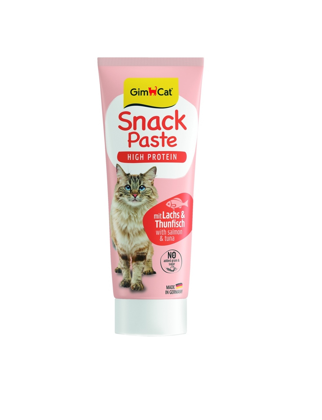 GIM2602 GimCat Snackpasta Tonijn Zalm 75 gr GimCat Snackpasta Zalm & Tonijn 75 gram is een heerlijke, graanvrije kattensnack met 17,5% proteïne en zonder toegevoegde suiker.