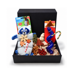 Kerstpakket Hond Deluxe met 10 snacks, een grote bosdierenknuffel en KONG Spiral Twist. Luxe verpakt en helemaal klaar voor kerst!