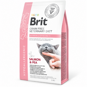 Brit Grain Free Veterinary Diet Cat Hypoallergenic 2 kg is graanvrij dieetvoer met zalm voor katten met voedselintoleranties.