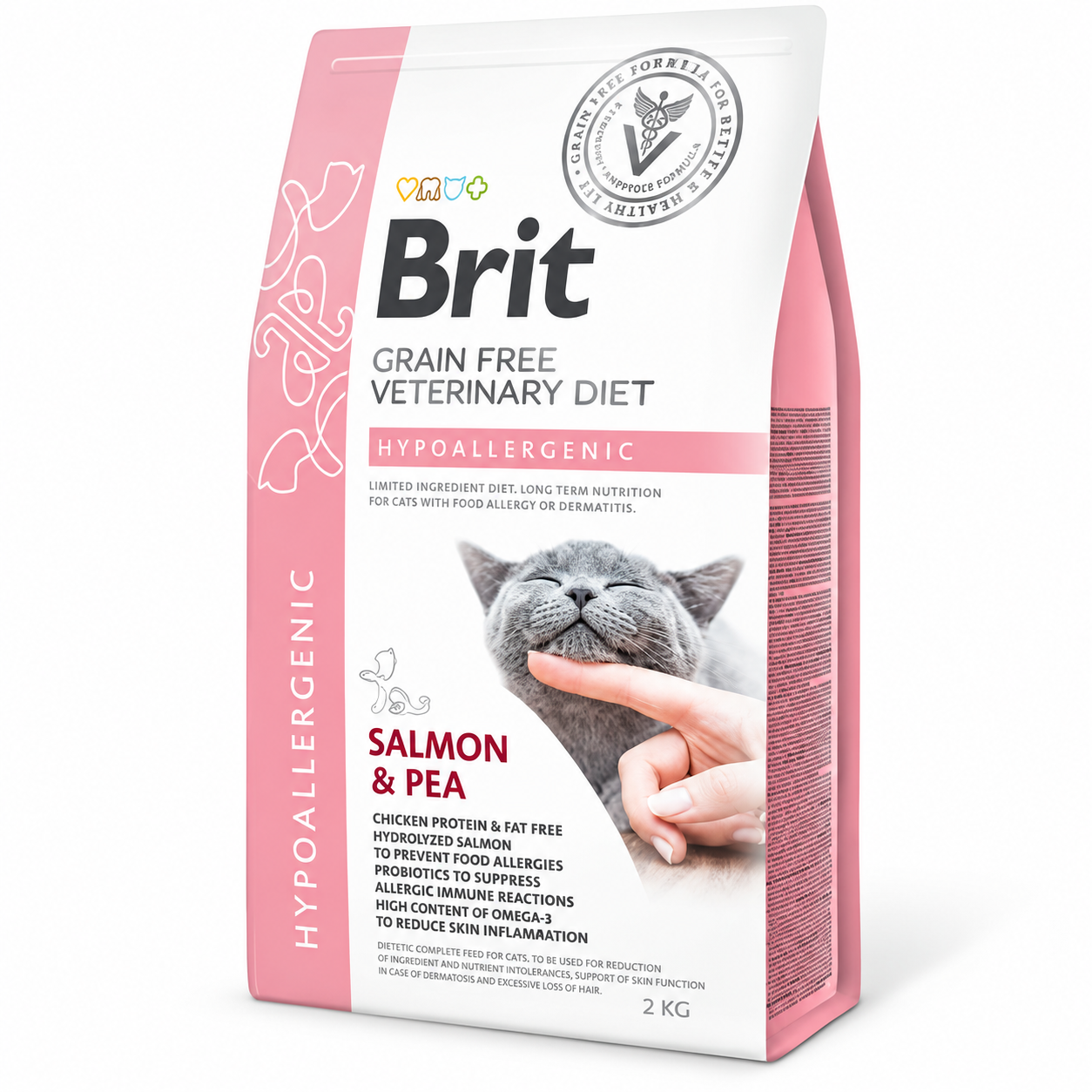 Hypoallergene kattenvoeding met tevreden kat Brit Grain Free Veterinary Diet Cat Hypoallergenic 2 kg is graanvrij dieetvoer met zalm voor katten met voedselintoleranties.