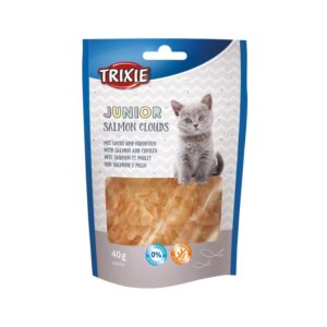 Trixie Junior Salmon Clouds 40gr zijn smakelijke kattensnacks met 55% zalm en 20% kip. Glutenvrij en zonder toegevoegde suikers.